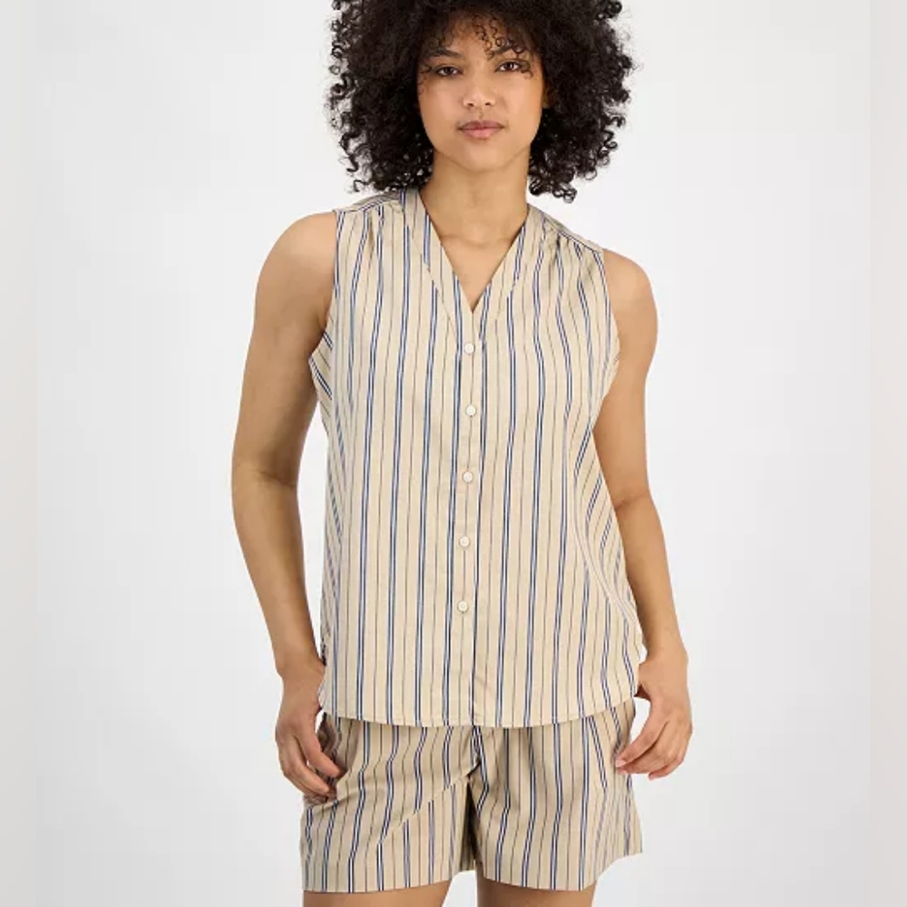 Tommy Hilfiger Tan and Blue Striped Sleeveless Shirt - Picture 4 of 8